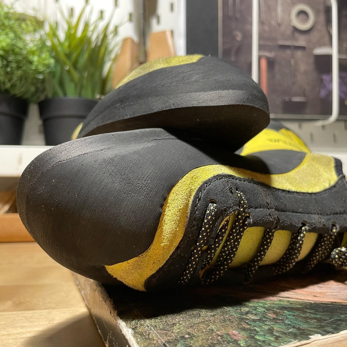 Glue line on a resoled climbing shoe
