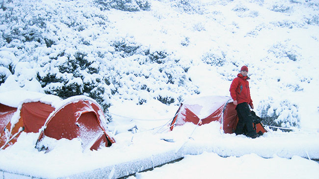 Snow camping in Tasmania's Western Arthurs.