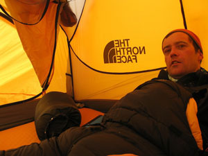 Trying to rest in the tent at high camp on the South Col, 7950m